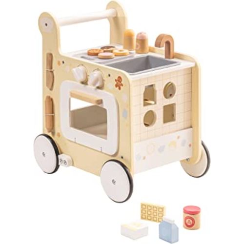 ROBOTIME Wooden Baby Push Walker Learning Walker,4 in 1 Activities Center Monetessori Walker Education Toys with Bakery Kitchen,Shape Sorter and Movable Slider, Gift for Boys Girls 18 Months