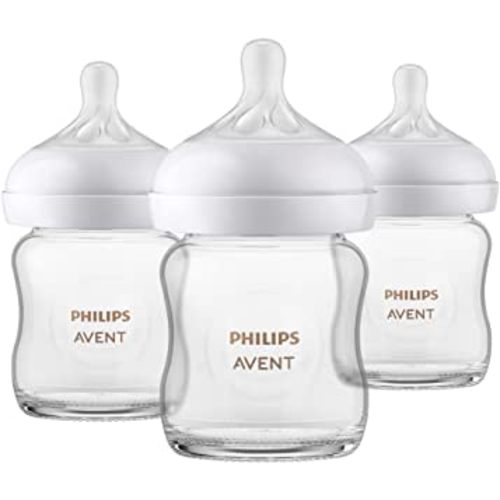 Philips Avent Glass Natural Baby Bottle With Natural Response Nipple, 4oz, 3 pack, SCY910/03, Clear