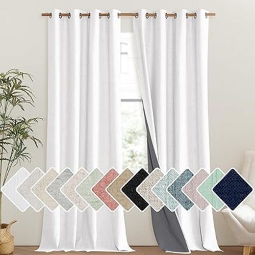 NICETOWN 100% Absolutely Blackout Linen Curtains with Thermal Insulated Liner, Greyish White, 52" Wide, 120" Length Energy Saving Curtains for Living Room 2 Panels Set, Vertical Blinds