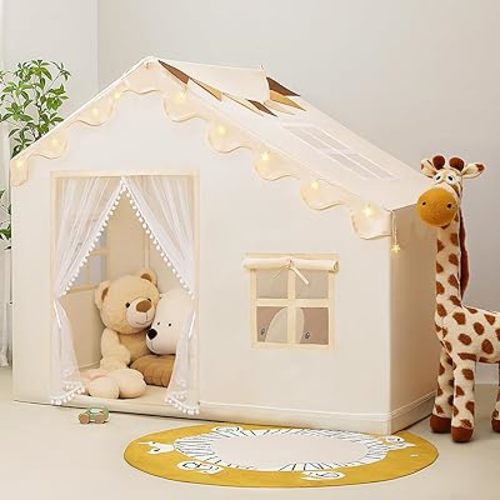 Kids Tent Indoor with Star Lights and Flags - Play Tent for Kids Ages 4-8, Large Toddler Playhouse for Girls Boys, 57" x 35" x 47" (Beige)