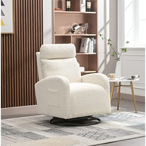 Swivel Glider Chair for Nursery, Modern Rocker Chair with High Back and Storage Pocket, Upholstered Accent Rocking Chair with Solid Metal Base for Living Room, Bedroom (Cream White Teddy)