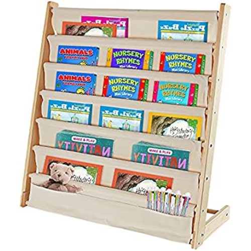 Jolensoy Kids Bookshelf, Kids Sling Book Rack Shelf Organizer Natural Beige for Kids Bedroom Playroom Toy Storage (Wood: 29.5" L)
