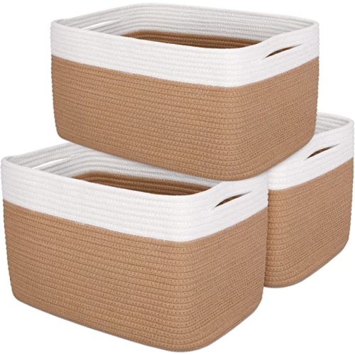 DOFASAYI Cotton Rope Storage Baskets 3-Pack - Baskets for Organizing, Baby Basket for Nursery Storage, Collapsible Storage Bins & Toy Organizer with Handles,Woven Baskets for Storage 15x10x9.1’’ - Medium khaki/SET OF 3