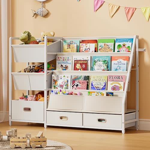 Kids Bookshelf and Toy Storage - Book Shelf for Kids Rooms, Toddler Bookshelves Baby Bookcase for Nursery, Montessori Toy Organizer, 6 Toy Bins for Kids Toy Storage