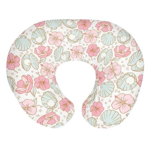Boho Summer Mermaids Floral Nursing Pillow Covers for Boy Girl Beach Seashells Conch Tropical Flowers Nursery Slipcovers for Breastfeeding Pillows Ocean Marine Soft Stretchy Cover for Newborn Infant