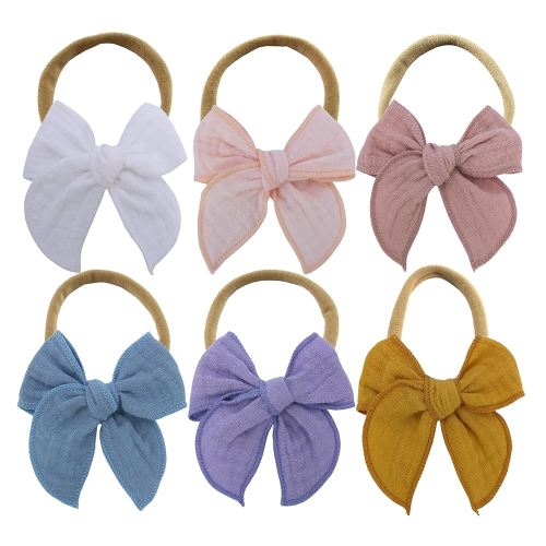 Original Cotton Gauze Headband for Newborn Toddler Infant Baby Girl Kids Muslin Cotton Hair Bow Headbands Turban Elastic Hair Bands (6 pcs Bow Nylon Headband)