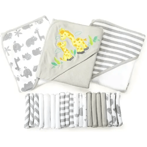 Spasilk Bath Hooded Towels & Washcloths Set for Babies, 23-Piece Gift Set, Grey, (Gift GBA23 0501)
