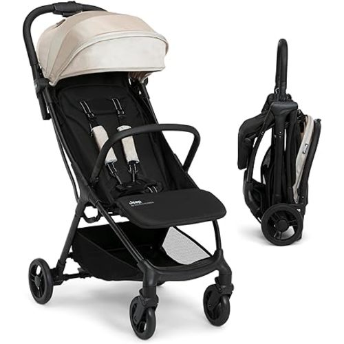 Jeep Altitude Compact Travel Stroller by Delta Children Greenguard Gold, Easy One Hand Fold, Lightweight, Extendable Canopy with Peek-a-Boo Window, Reclining Seat, 4 Wheel Suspension, Tan
