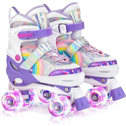 SULIFEEL Rainbow Unicorn 4 Size Adjustable Light up Roller Skates for Girls Boys for Kids - B Purple - Medium - Big Kid