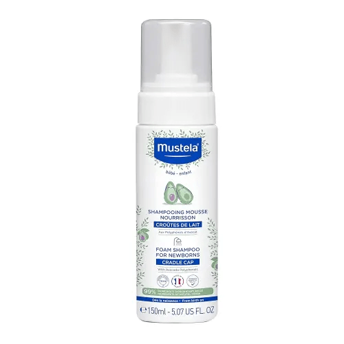 Mustela Cradle Cap Foam Shampoo for Newborn - Baby Shampoo with Natural Avocado - Tear-Free & Fragrance-Free - 5.07 fl. oz.