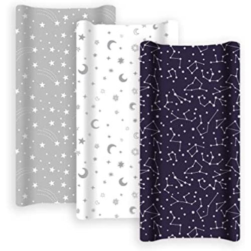 GROW WILD Changing Pad Cover 3 Pack | Soft & Stretchy Jersey Cotton | Baby Changing Table Pad Cover | Diaper Changing Pad Covers for Girls or Boys | Wipeable Sheets | Grey White Navy Blue Stars Moons