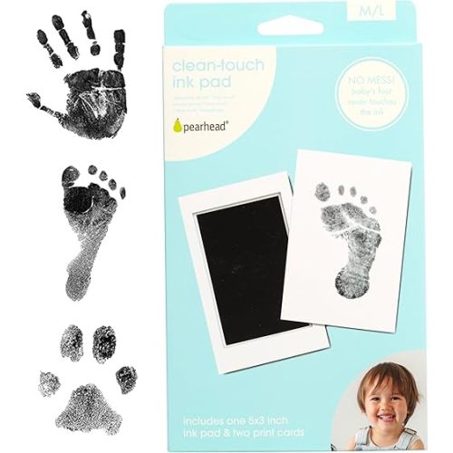 Pearhead Clean-Touch Baby Ink Pad, No Mess Clean-Touch Ink Pad with Imprint Cards, Safe for Skin, Perfect DIY Handprint and Footprint Keepsake for Family - Black, Medium/Large