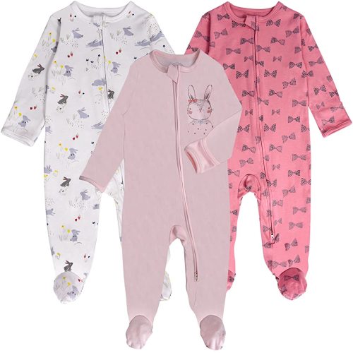 Baby Footed Pajamas with Mitten Cuffs - 3 Pcs Girls Boys Footie Onesies Sleeper Newborn Cotton , Zipper Footies Sleep 'n Play