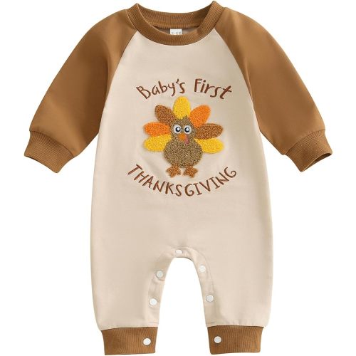 My First Thanksgiving Baby Boy Outfit Turkey Letter Embroidery Romper Long Sleeve Jumpsuit Cute Fall Clothes