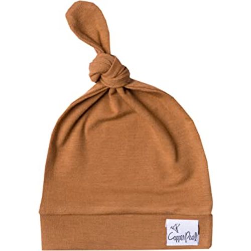 Copper Pearl Baby Beanie Hat Top Knot Stretchy Soft Camel
