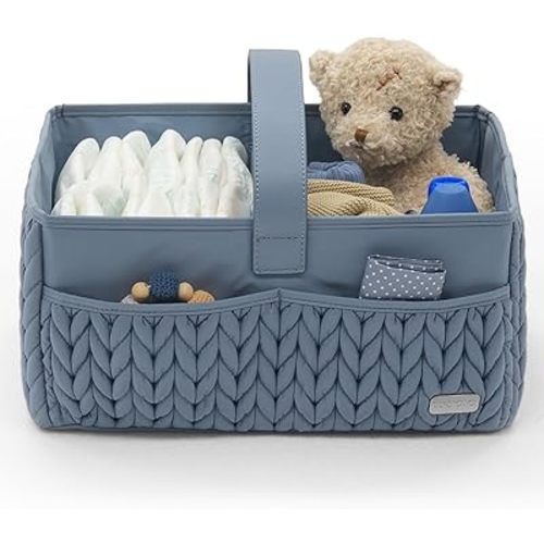 Luxurious Baby Diaper Caddy, Nursery Storage Basket for Newborn Boy and Girl, Travel Baby Basket for Diapers Baby Wipes, Organizer Tote Bag Storage Bin, Baby Shower Gifts (ash blue)