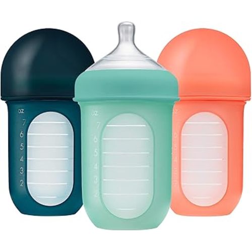 Boon Nursh Reusable Silicone Pouch Baby Bottles - Medium Flow Nipple - Silicone Baby Bottle Pouch and Nipple - Baby Feeding Essentials - Mint - 3-6 Months - 3 Count - 8 Ounce