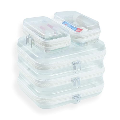 5 Pcs Clear Hard Shell Zipper Case for Diaper Bag and Tote Organization – Hard Clear Zipper Cases Travel Set for Keys, Wipes, Toiletries, Cables (3M– + 2XS)