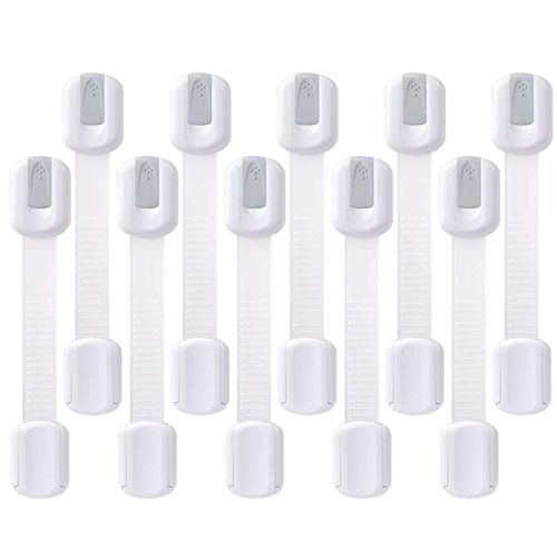 Child Safety Cabinet Locks - (10 Pack) Baby Proofing Latches to Drawer Door Fridge Oven Toilet Seat Kitchen Cupboard Appliance Trash Can with 3M Adhesive - Adjustable Strap No Drill No Tool - Grey