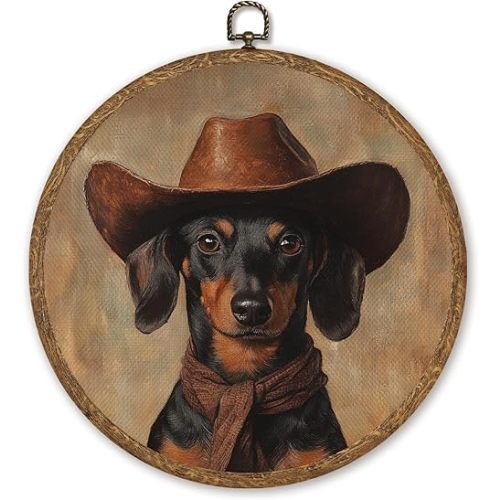 WMSYUO Vintage Cowboy Dog Portrait Wall Art, Retro Animal Linen Matte Finish Print With Round Frame, Farmhouse Dachshund Wall Hanging Decor for Living Room Bedroom,or Friends Gift,10''x10'' (Brown-Dachshund)