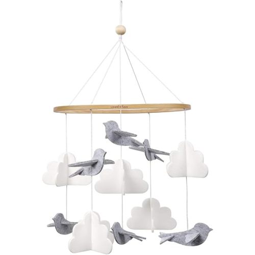 Baby Crib Mobile (Birds in The Clouds, Short Version) - Unique and Minimalist Design for Boys & Girls