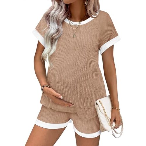Ekouaer Women's Summer Maternity Pajamas Waffle Knit 2 Piece Outfits Short Sleeve T-Shirts and Shorts Pregnancy Loungewear light Khaki M