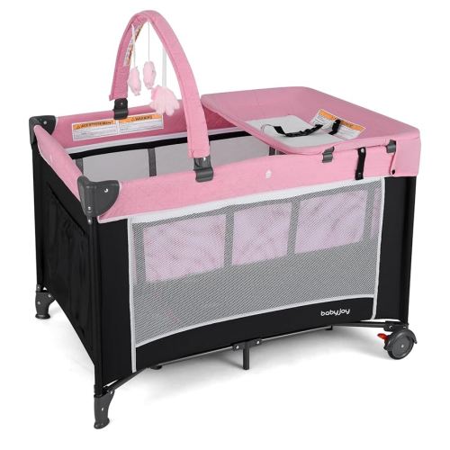 BABY JOY 3 in 1 Pink Pack and Play, Travel Baby Crib Bassinet Bed with Bassinet for Girl, Changing Table w/Safety Belt, Toy Bar, Lockable Wheels, Portable Baby Playard from Newborn to Toddler
