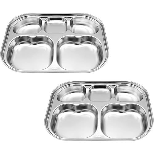Korean Stainless Steel Divided Plates by KS&E, Little Kids Toddlers Babies small Tray, BPA Free, Diet Food Control, Compact Serving Platter, Snack, 5 Compartment Plate Silver, Set of 2