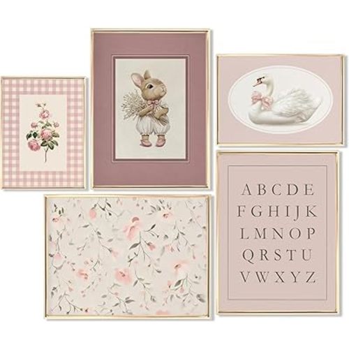 5Pcs Vintage Nursery Wall Art Girl Nursery Wall Decor Painting Pictures Cottagecore Poster Prints Newborn Artwork for Girls Room Gallery Home Decoration 8x10in Unframed