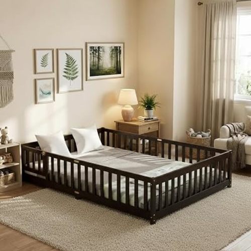 Queen Size Floor Bed with Slats and Door,Montessori Floor Bed Frame with High Rails,Queen Size Wood Kids Beds with Fence,No Box Spring Needed,Espresso