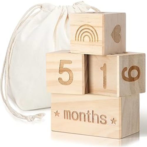 Boho Baby Monthly Milestone Blocks Set of 4 Wooden Baby Age Milestone Signs with Drawstring Bag Months Weeks Years Days Blocks for Newborn Photo Props Keepsake