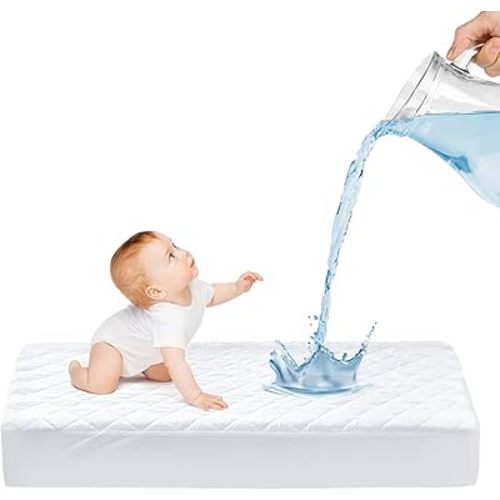 Mooreeke Crib Mattress Protector, Breathable Waterproof Quilted Fitted Mattress Cover, Ultra Soft Baby Mattress Pad 52" x 28" - Toddler Mattress Protector Fits Up to 9", White