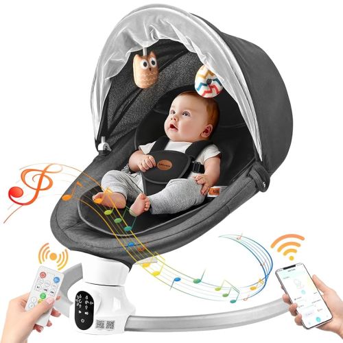 Baby Swings for Infants - Exclusive App & Bluetooth Function, Electric Baby Swing with 5 Point Harness & 5 Sway Speeds, 10 Preset Lullabies, Portable Infant Swing for Indoor/Outdoor (Black)