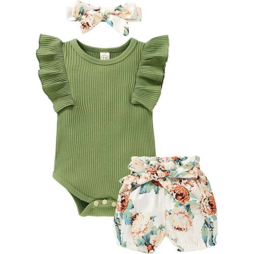 Younger Tree Toddler Baby Girl Summer Short Sleeve Romper Shorts Headband Clothes Outfits Set for 3-6 Months
