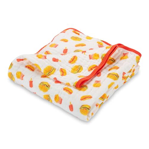 LollyBanks Muslin Baby Blanket, 100% Cotton Baby Quilt for Boys and Girls, Large 47 x 47 Inches, 6 Layers Soft and Breathable Quilt Blanket, Cozy Newborn Nursery Blankets, Registry (Fun Food Icons)