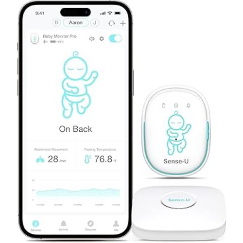 Sense-U Smart Baby Monitor Pro (Long Range) with Arousal Vibration, Audible and App Alerts Anywhere: Tracks Abdominal Movement, Rollover, Sleeping Position, Temperature, Blue