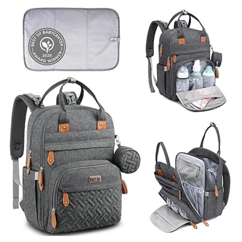 BabbleRoo Diaper Bag Backpack - Baby Essentials Travel Tote - Multi Function Water Resistant Diaper Bag, Travel Essentials Baby Bag with Changing Pad, Stroller Straps & Pacifier Case - Dark Gray