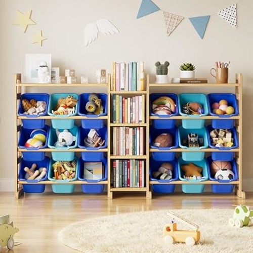 SpaceAid Large Toy Storage Organizer with 6 Shelves and 18 Bins, Book Shelf Organizers Storage Bookshelf, Kids Bin Shelf Box Bookcase for Bedroom Playroom Organization Room Decor, Blue and Navy Blue