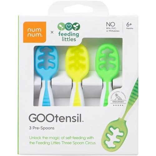 NumNum Baby Spoons Set, Feeding Littles x Silicone Pre-Spoon GOOtensils for Baby Led Weaning, Self-Feeding & Teething, First Stage Toddler Utensils for Ages 6+ Months, 3-Pack, BPA-Free (Neon)