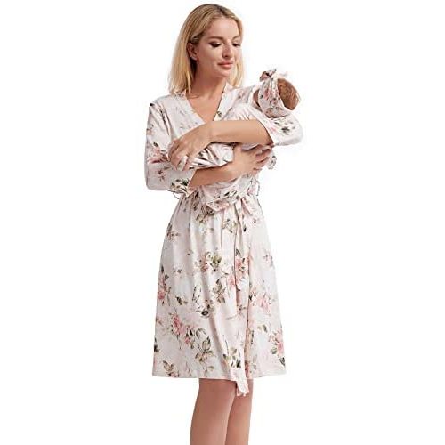 Galabloomer Maternity Robe and Baby Receiving Blanket ,Matching Mommy Labor Delivery Robe and Swaddle Set Vintage Rose