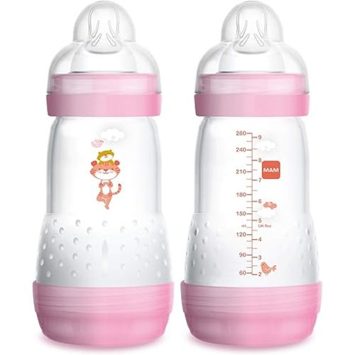 MAM Easy Start Anti-Colic Bottle, Baby Essentials, Medium Flow Bottles with Silicone Nipple, Baby Bottles for Baby Girl, Designs May Vary, 9oz (Pack of 2)