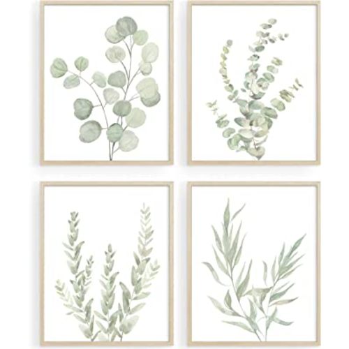 Botanical Boho Bathroom Decor Wall Art Prints, UNFRAMED Sage Green Plants Decor for Bedroom|Office, Minimalist Eucalyptus Leaves Watercolor Art Prints, Set of 4 Pictures, 8"x10" No Frames