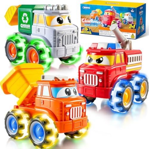 Joyfy 3 Pack Light Up Monster Trucks, Friction Powered Toy Cars for Toddlers Age 18 Month and Up, Christmas Birthday Gift for Preschool Boys Girls