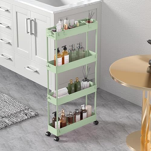 SPACELEAD Slim Storage Cart 4 Tier,Bathroom Organizer Rolling Utility,Mobile Shelving Unit Slide Out for Office, Kitchen, Laundry Room & Narrow Places，Green