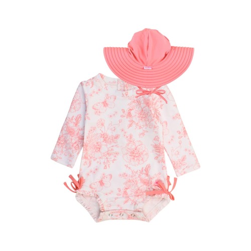 Pink Garden One-Piece Rashguard Swimsuit & Hat Set