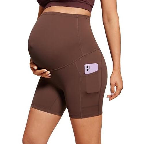 CRZ YOGA Womens Butterluxe Maternity Yoga Biker Shorts with Pockets 5" - Over The Belly Pregnancy Workout Athletic