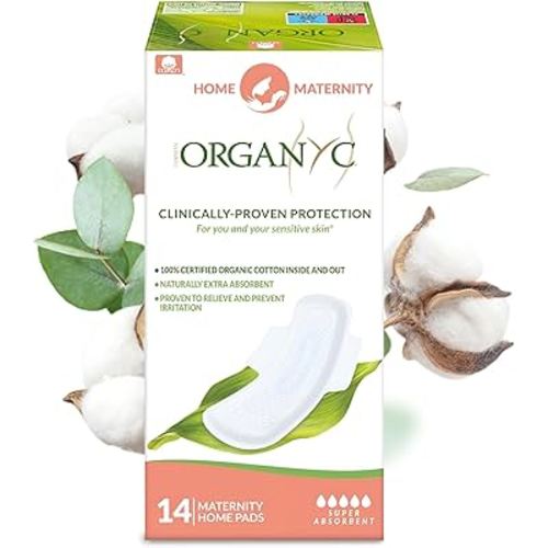 Organyc Home Postpartum Pads, Certified Organic Cotton Pads for Women, Large Pads for Heavy Flow Days After Childbirth, 14 Counts