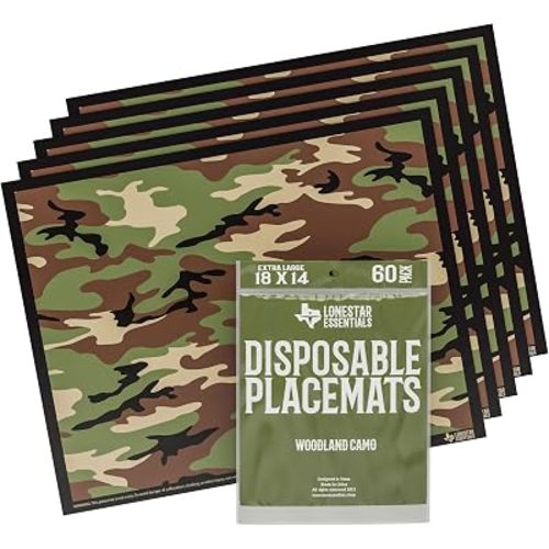 (60 Pack) Disposable Placemats for Baby Toddlers Kids | Table Mat with Adhesive Strips Stick on | Extra Large Mats 18" x 14" Waterproof (Woodland Camo)