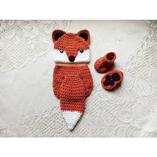 0-3 mo Baby Red Fox Crochet Hat and Diaper Cover - Woodland Animals