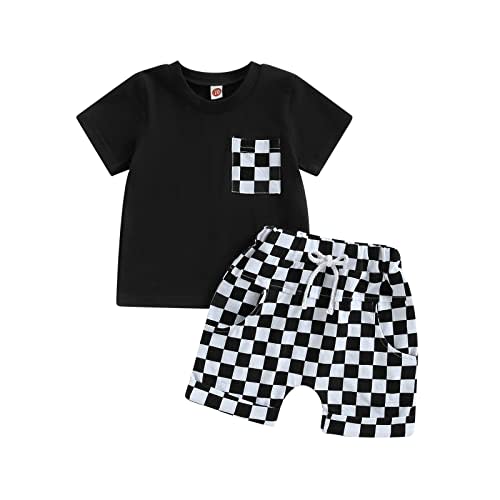 Karuedoo Baby Boy Girl Summer Outfits Checkered Plaid Short Sleeve T-Shirt Top Shorts Set Trendy Toddler Checkerboard Outfit